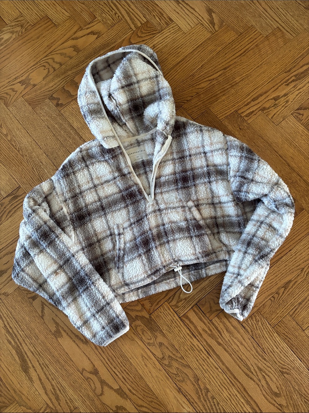 Aeropostale Cream & Brown Plaid Hooded Sherpa Pullover